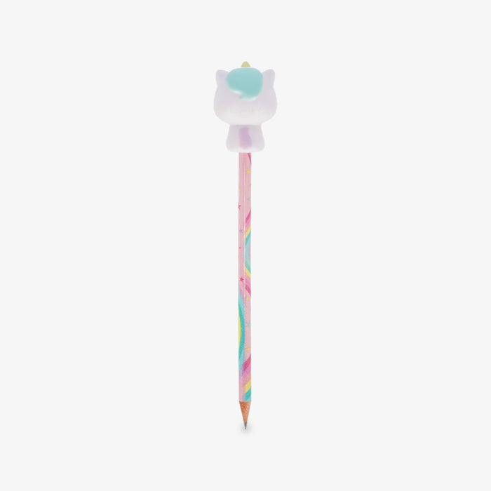 A pastel-colored pencil with a the back of a cute cartoon unicorn squishy character on top, set against a plain light gray background.