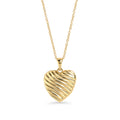 Gold stainless steel heart pendant necklace with sculptural ribbed design, bold romantic jewelry, hypoallergenic non-tarnish durable statement necklace, modern elegant heart jewelry.