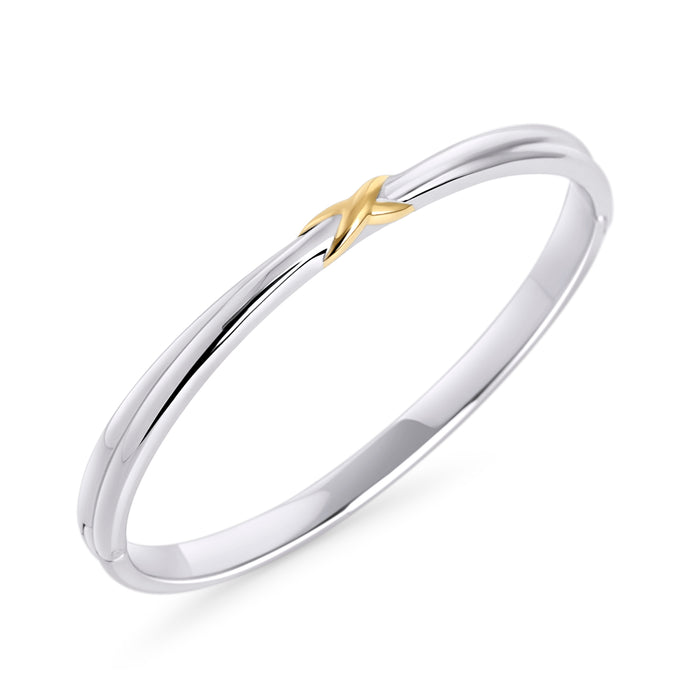 Two-tone gold and silver X cross bangle bracelet – nickel-free, waterproof & tarnish-resistant stainless steel bangle for sensitive skin, best minimalist luxury jewelry by Mia Bijoux Canada.