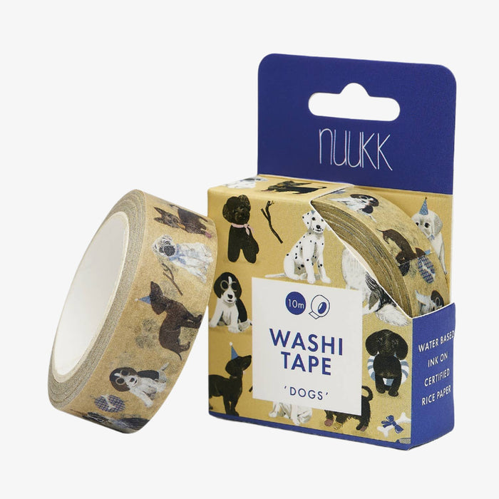 Washi tape with a dog design and packaging on a grey background