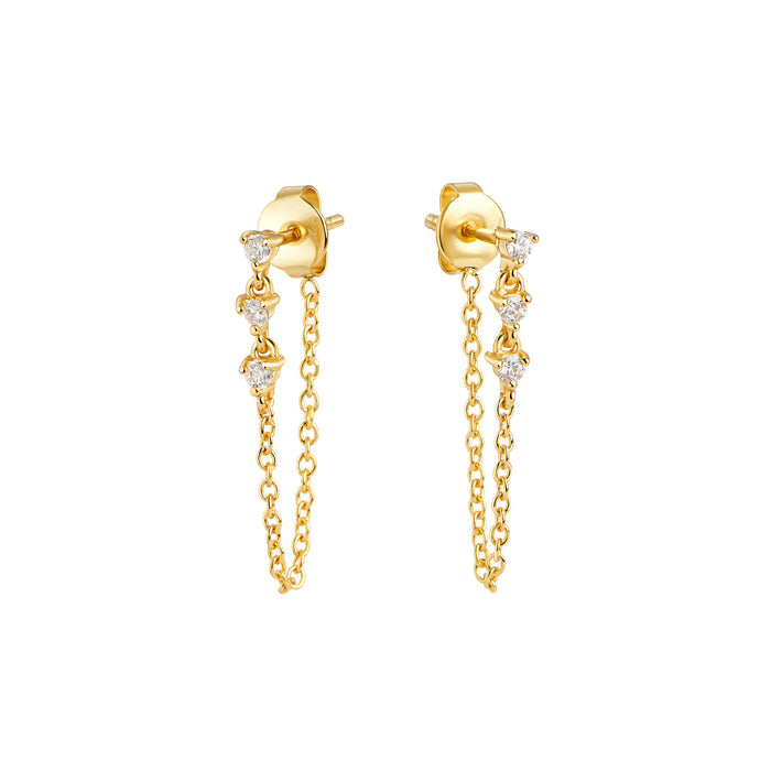 Gold surgical grade stainless steel 3 cz stones and chain pendant earrings no allergy MIAJWL