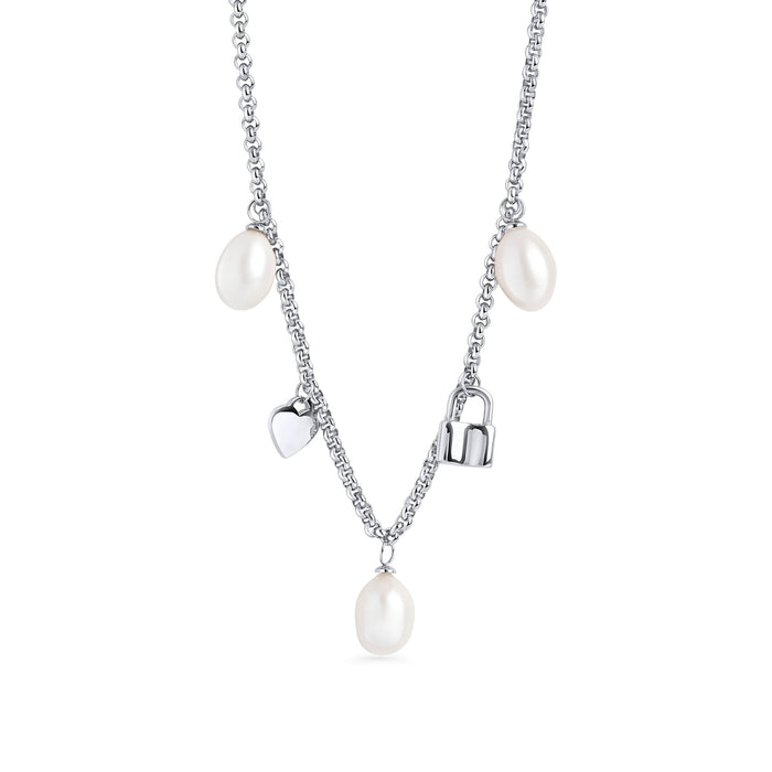 Silver stainless steel charm necklace with freshwater pearl drops, heart charm and lock pendant, trendy layered chain jewelry, hypoallergenic non-tarnish durable statement necklace.