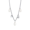Silver stainless steel charm necklace with freshwater pearl drops, heart charm and lock pendant, trendy layered chain jewelry, hypoallergenic non-tarnish durable statement necklace.
