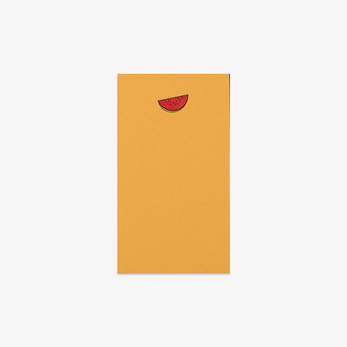 Yellow notebook with a red watermelon design on a white background