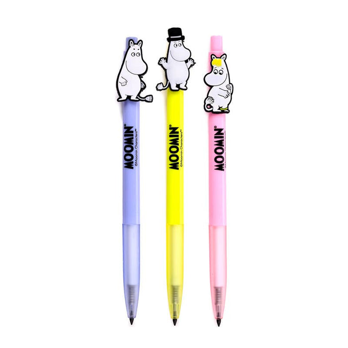 Three colorful pens with Moomin on a white background