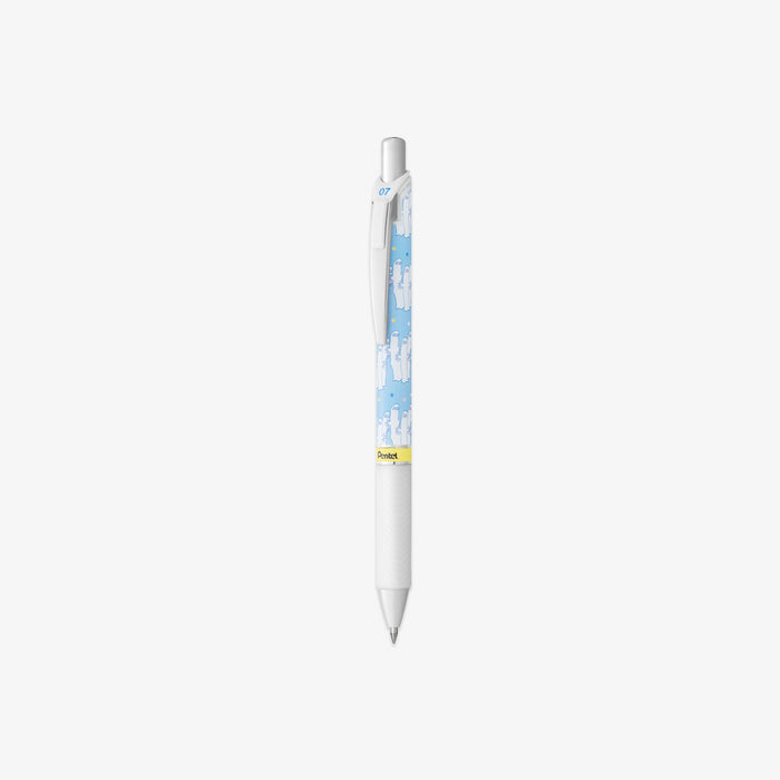 White pen with a blue moomin design on a white background