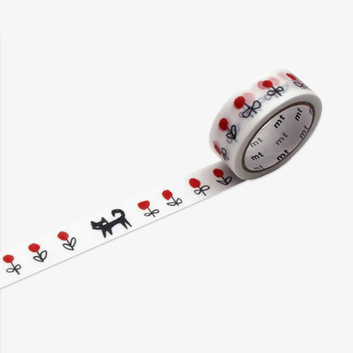 Decorative masking tape with red flowers and black cats design on a white background