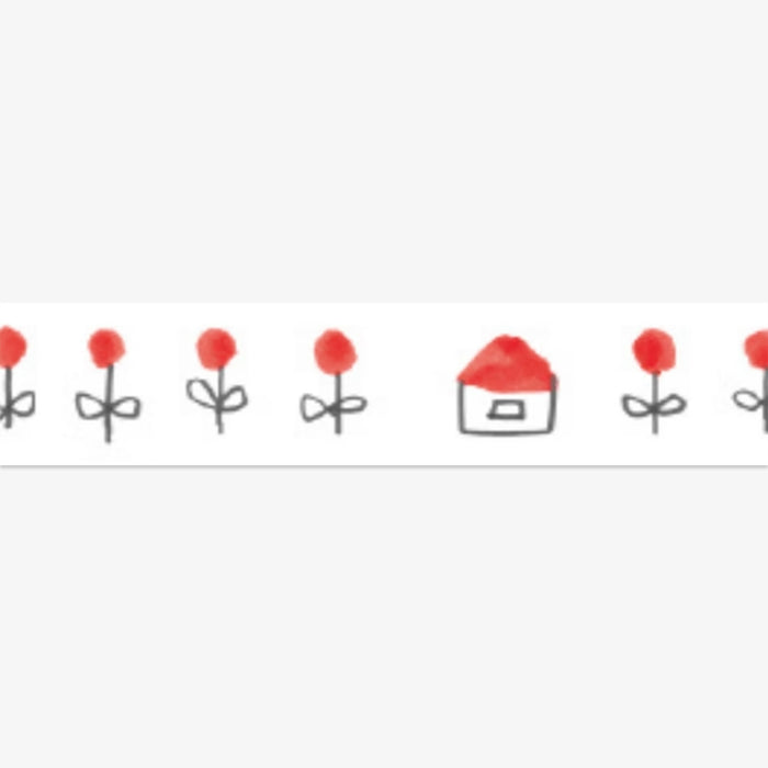 Decorative tape with red flowers and a house on a white background