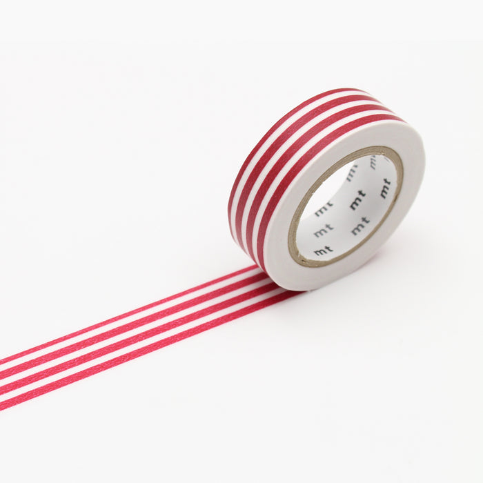 A roll of MT masking tape with red and white stripes pattern.