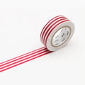 A roll of MT masking tape with red and white stripes pattern.
