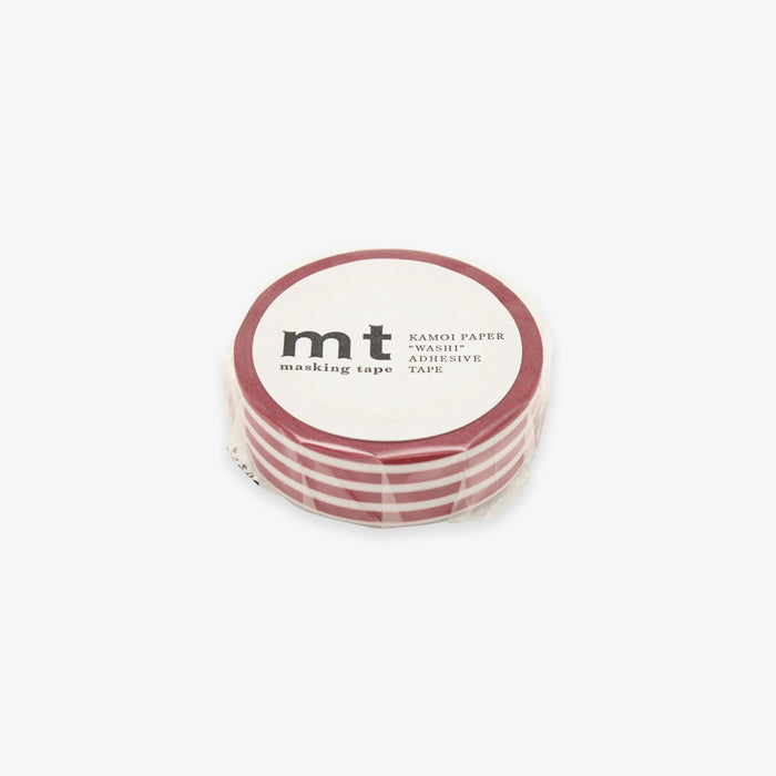 A roll of MT masking tape with red and white stripes pattern.