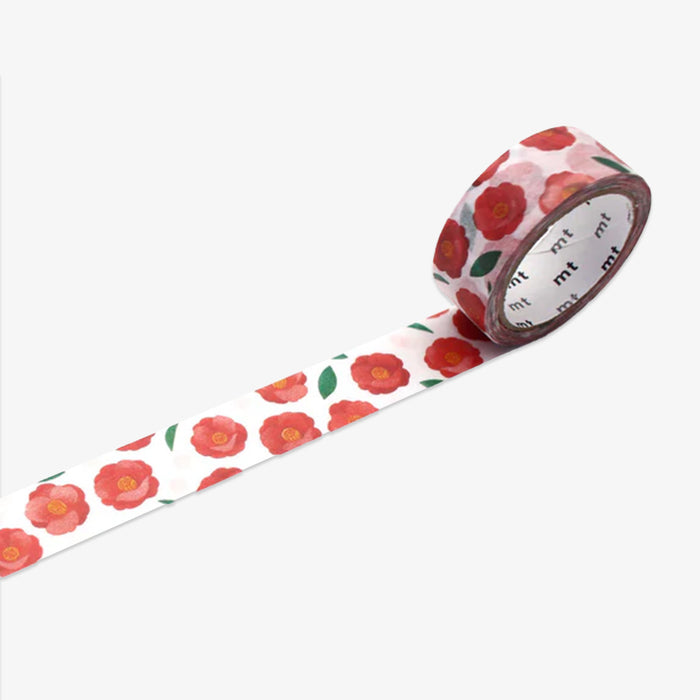 Floral-patterned masking tape with red flowers on a white background