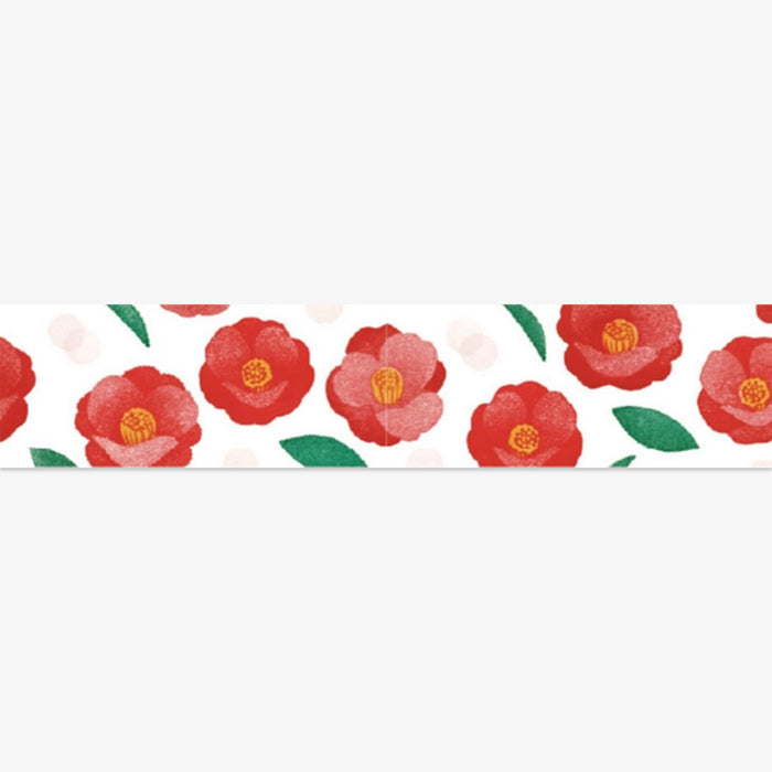 Decorative tape with red floral design on a white background