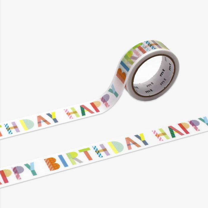 Roll of decorative tape with 'Happy Birthday' text in colorful letters on a white background