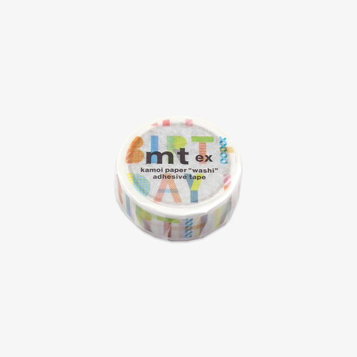 Colorful washi tape with 'mt' branding on a white background. Happy Birthday