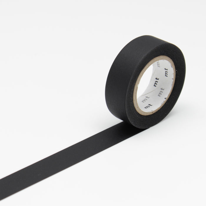 A roll of matte black masking tape unrolling on a white background.