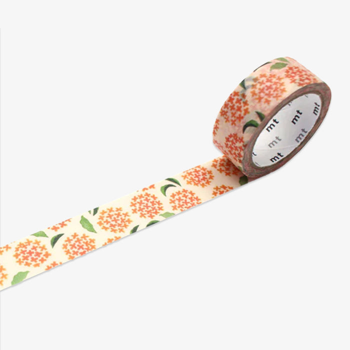 Floral-patterned tape with 'mt' branding on a white background