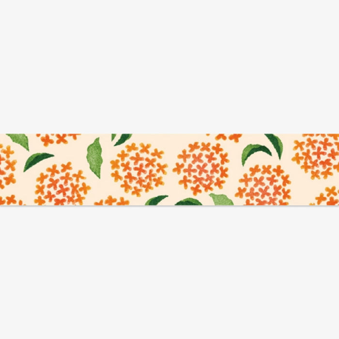 Floral patterned ribbon with orange flowers and green leaves on a white background
