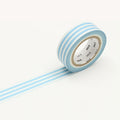 Unrolled masking tape with white and light blue stripes.