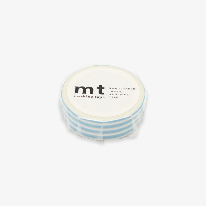 MT masking tape with white and light blue stripes.