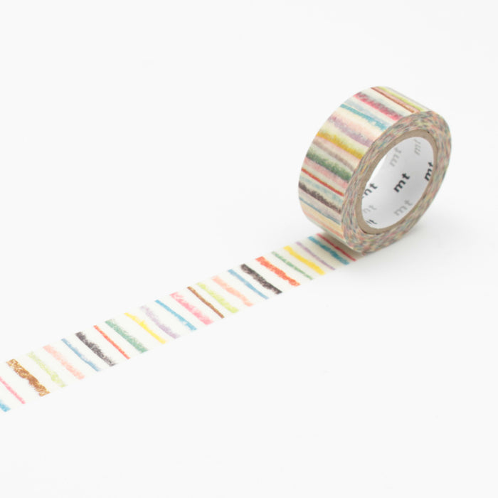 A roll of MT masking tape with a multicolored stribed pattern on a beige background.