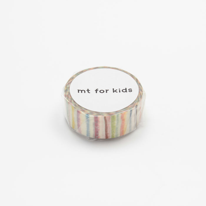 A roll of MT masking tape with a multicolored stribed pattern on a beige background.