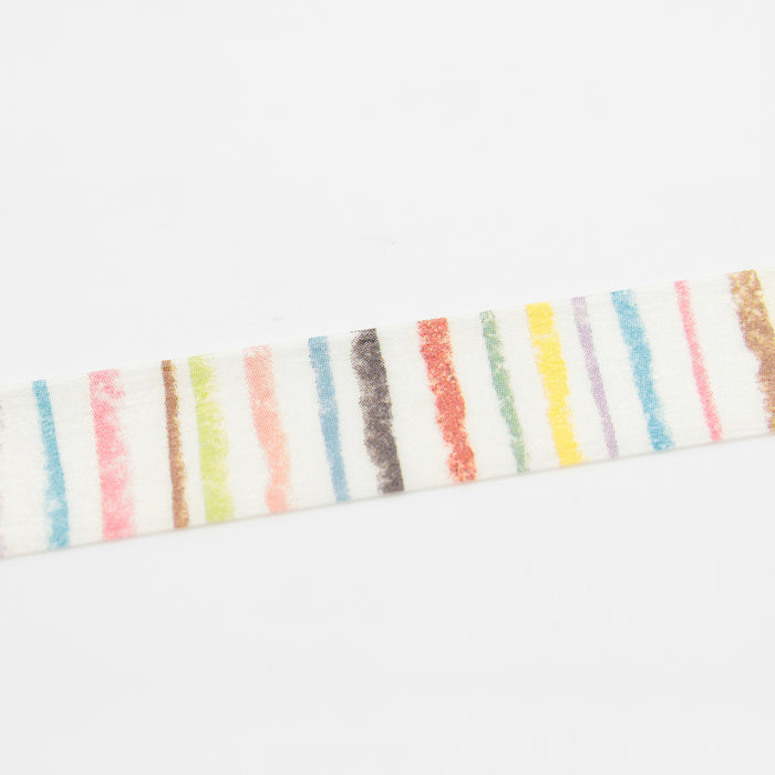 A roll of MT masking tape with a multicolored stribed pattern on a beige background.