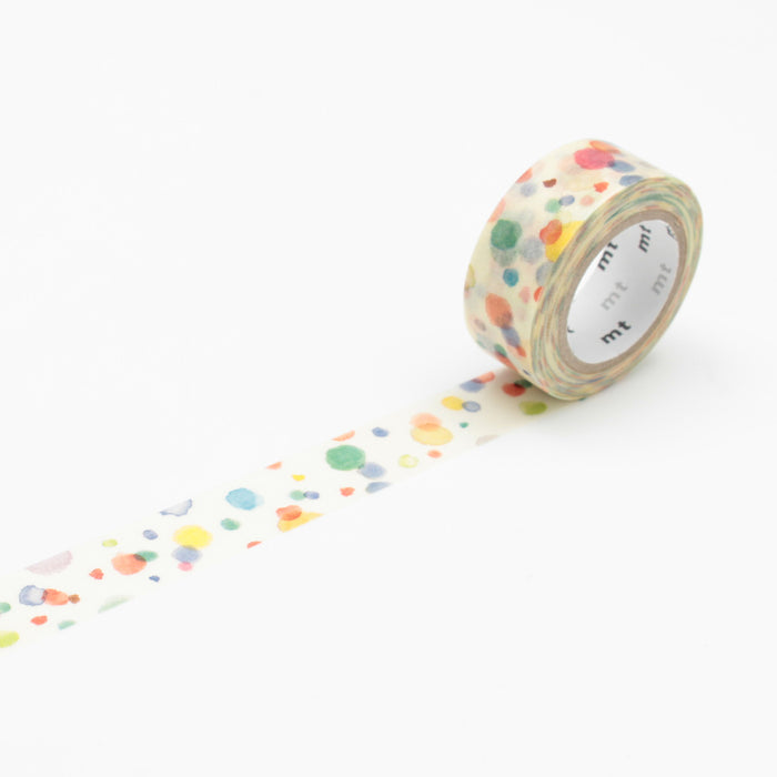 A roll of MT masking tape with a multicolored dot pattern on a beige background.