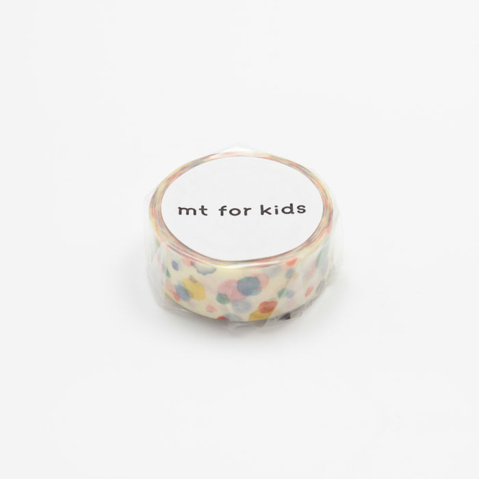 A roll of MT masking tape with a multicolored dot pattern on a beige background.