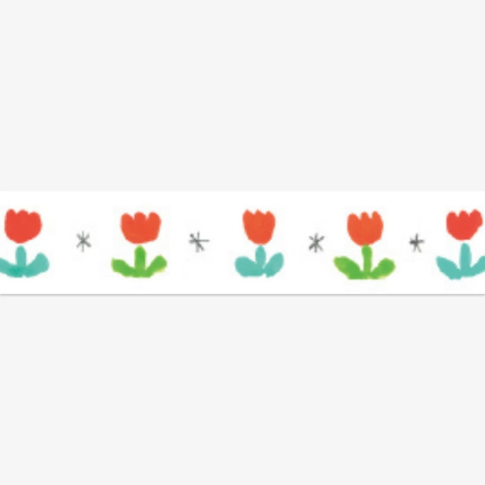 Five red tulips with green stems on a white background
