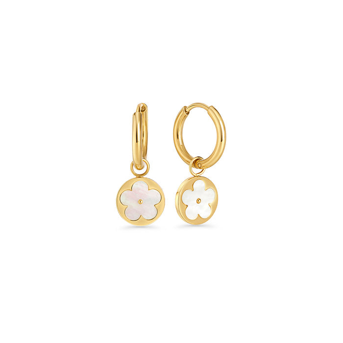 Gold hoop earrings with a round pendant featuring a mother-of-pearl flower on a white background. Nickel-free, waterproof & tarnish-resistant stainless steel earrings for sensitive skin, minimalist luxury jewelry by Mia Bijoux Canada.

Boucles d'oreilles anneaux dorées avec pendentif rond orné d'une fleur en nacre sur fond blanc. Boucles d'oreilles en acier inoxydable sans nickel, résistantes à l'eau et anti-ternissement pour peaux sensibles, bijouterie de luxe minimaliste par Mia Bijoux Canada.