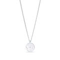 Silver chain necklace with a round mother-of-pearl flower pendant on a white background. Waterproof, stainless steel and allergy free. By Mia Bijoux Canada.

Collier à chaîne argentée avec pendentif rond à fleur blanche nacrée sur fond blanc. Résistant à l'eau, en acier inoxydable et hypoallergénique. Par Mia Bijoux Canada.