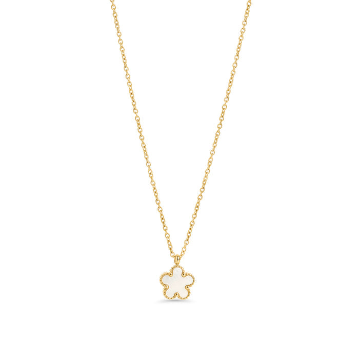 Gold flower pendant necklace with mother of pearl – hypoallergenic, waterproof & non-tarnish stainless steel necklace for sensitive skin, affordable luxury jewelry by Mia Bijoux Canada
