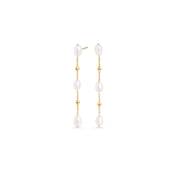 Hypoallergenic stainless steel pearl drop earrings for sensitive ears, tarnish-free silver jewelry in Canada, elegant long chain pearl earrings for women.