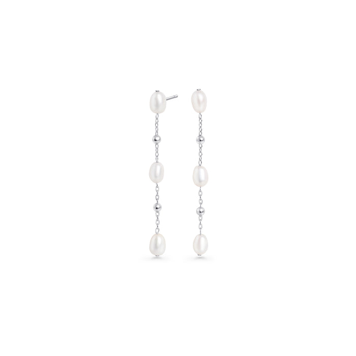 Hypoallergenic stainless steel pearl drop earrings for sensitive ears, tarnish-free silver jewelry in Canada, elegant long chain pearl earrings for women.