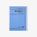 Blue A5 notebook with 'temporary storage.it' text on a white background