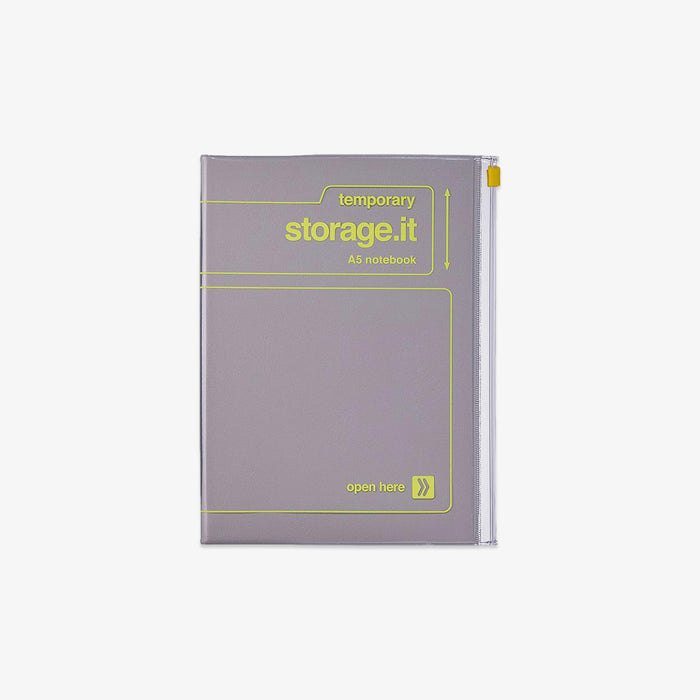 Gray A5 notebook with yellow text on a white background