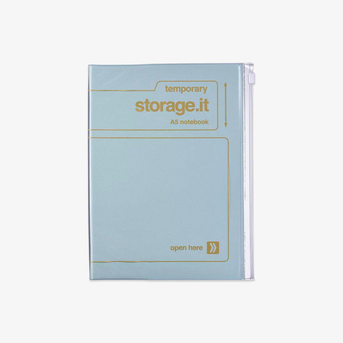 Light blue notebook with 'temporary storage.it' text on a white background