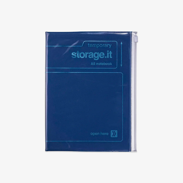 Blue A5 notebook in packaging with 'temporary storage.it' text on a white background