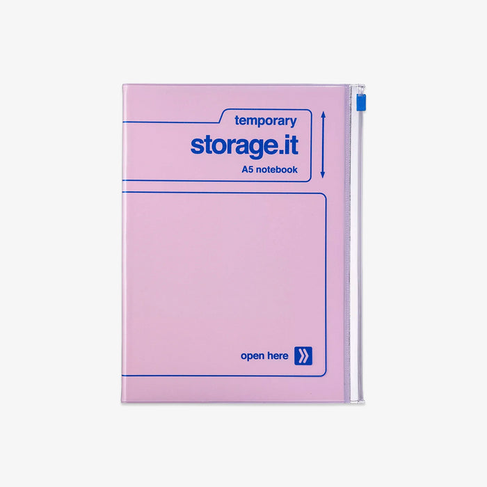 Pink A5 notebook in pink with 'temporary storage.it' text on a white background