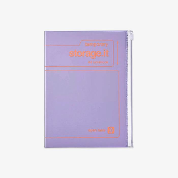 Purple notebook with 'temporary storage.it' text on a white background