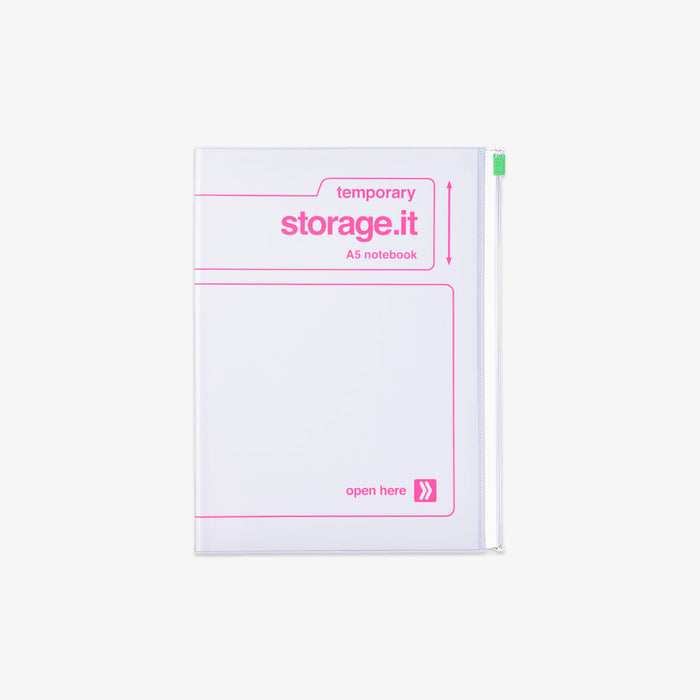 White notebook with pink text and design on a white background
