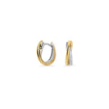 Two-tone stainless steel twisted hoop earrings in gold and silver, modern sculptural jewelry, hypoallergenic non-tarnish durable earrings, elegant minimalist everyday jewelry.