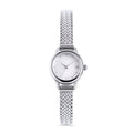Silver stainless steel women's watch with minimalist white dial and textured gold bracelet strap, elegant modern timepiece, durable luxury fashion watch Canada.