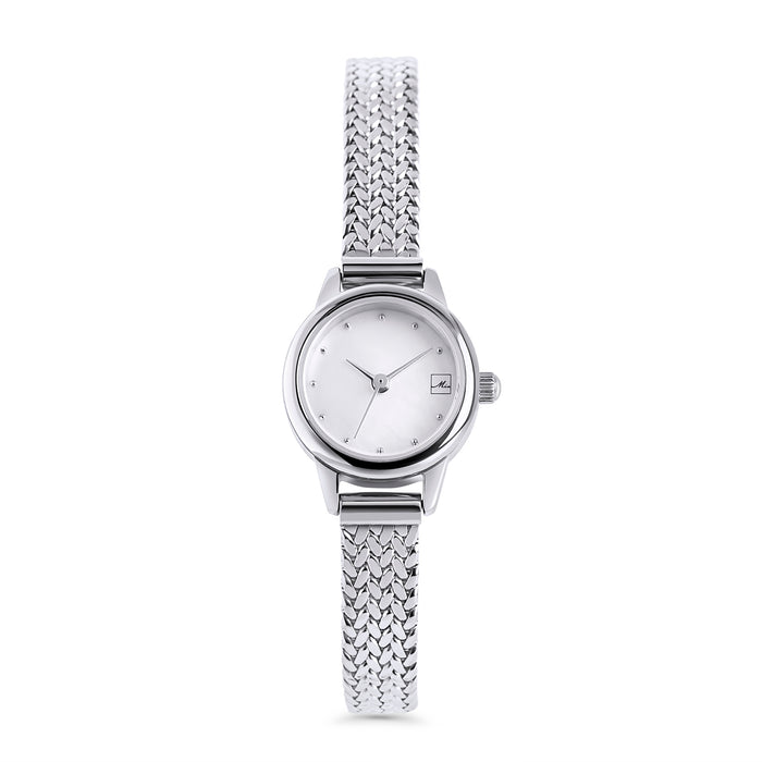 Silver stainless steel women's watch with minimalist white dial and textured gold bracelet strap, elegant modern timepiece, durable luxury fashion watch Canada.