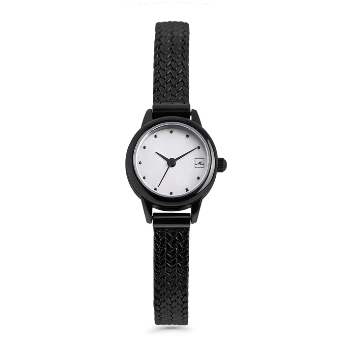 Black stainless steel women's watch with white minimalist dial and textured black bracelet strap, elegant modern timepiece, durable fashion watch Canada.