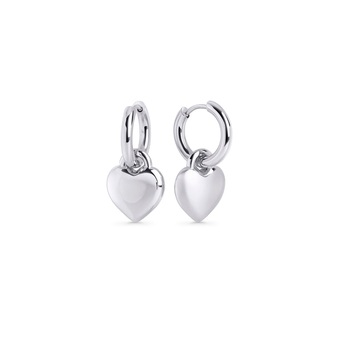 Silver huggie hoop earrings with removable puffy heart charm – nickel-free, waterproof & tarnish-resistant stainless steel earrings for sensitive ears, affordable luxury jewelry by Mia Bijoux Canada