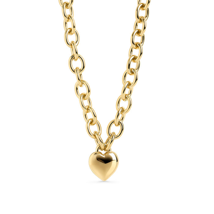 Gold stainless steel chunky chain necklace with heart pendant, bold modern jewelry, hypoallergenic non-tarnish durable statement necklace, trendy elegant heart jewelry.
