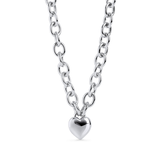 Silver stainless steel chunky chain necklace with heart pendant, bold modern jewelry, hypoallergenic non-tarnish durable statement necklace, trendy elegant heart jewelry.