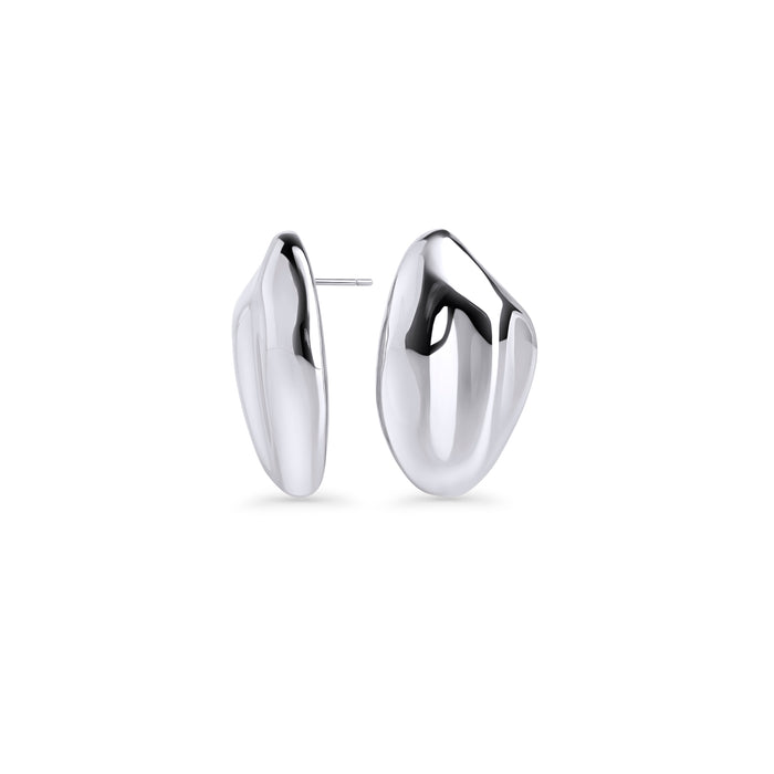Silver stainless steel statement stud earrings with bold organic sculptural shape, hypoallergenic earrings for sensitive ears, non-tarnish durable contemporary minimalist jewelry Canada.